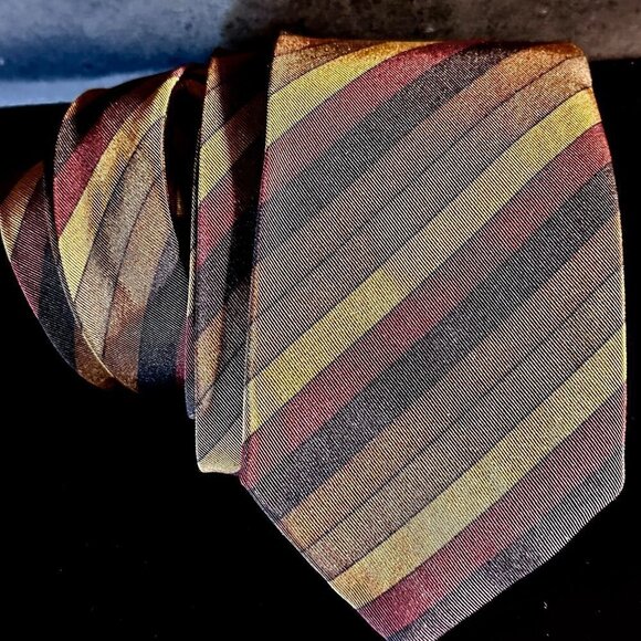 Yves Saint Laurent YSL Mens Tie Silk Neckwear Striped Neutral Red Gray Brown - Picture 2 of 6